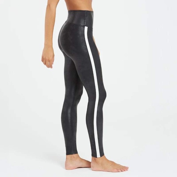 SPANX Pants - Spanx Faux Leather‎ Side Stripe Leggings Very Black White High Rise Medium M